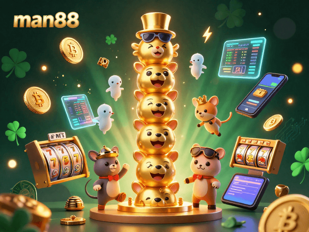 Experience man88's exciting gaming environment featuring vibrant slot reels, golden totem, and digital crypto elements.