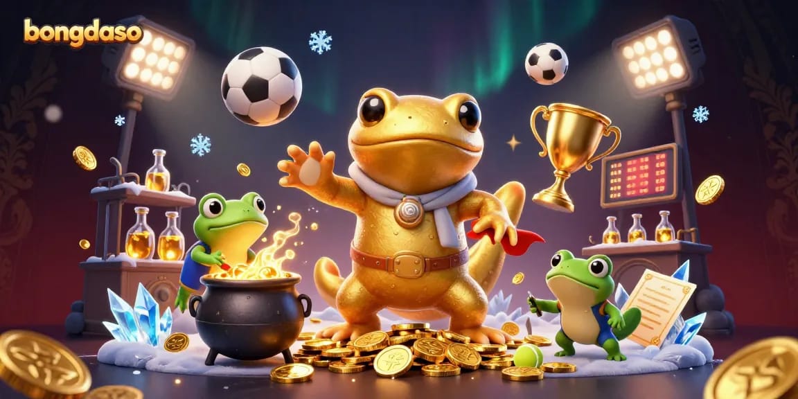 Bongdaso brings thrilling casino adventures with an alchemist and golden treasures in a vibrant 3D illustration.