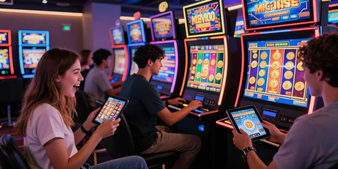 Players enjoying a slot gaming experience on various devices in a lively online casino setting, reflecting excitement and vibrant graphics.