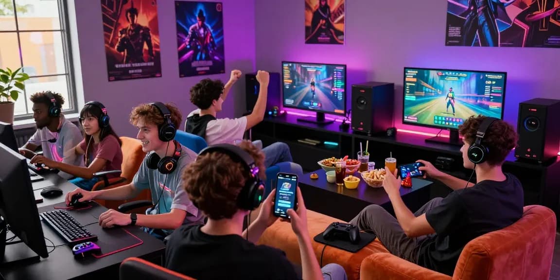 Youth enjoying a gaming session with the KO66 app, vibrant atmosphere filled with LED lights and engaging equipment.