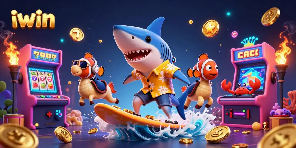 Win big with iwin's vibrant casino scene featuring a shark, clownfish, and DJ crab!