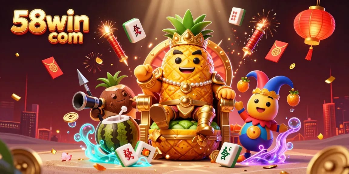 Engaging casino scene featuring 58win com with a golden pineapple king, coconut guards, and a mango jester amidst vibrant game elements.