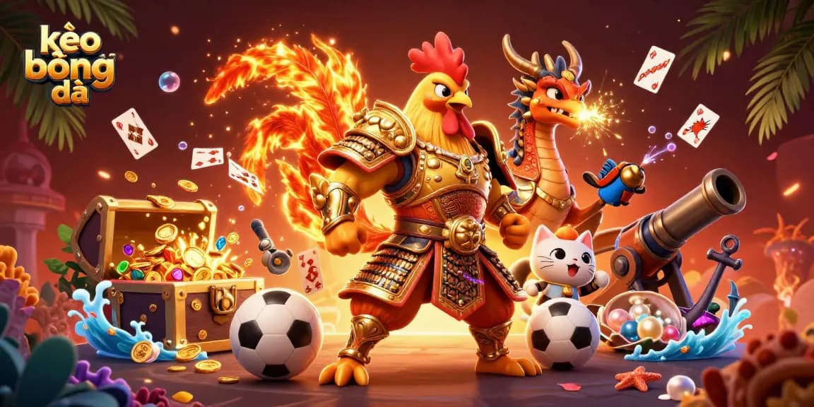 Bet on kèo bóng đá with our detailed illustration showcasing vibrant sports elements and a dynamic trio of characters.