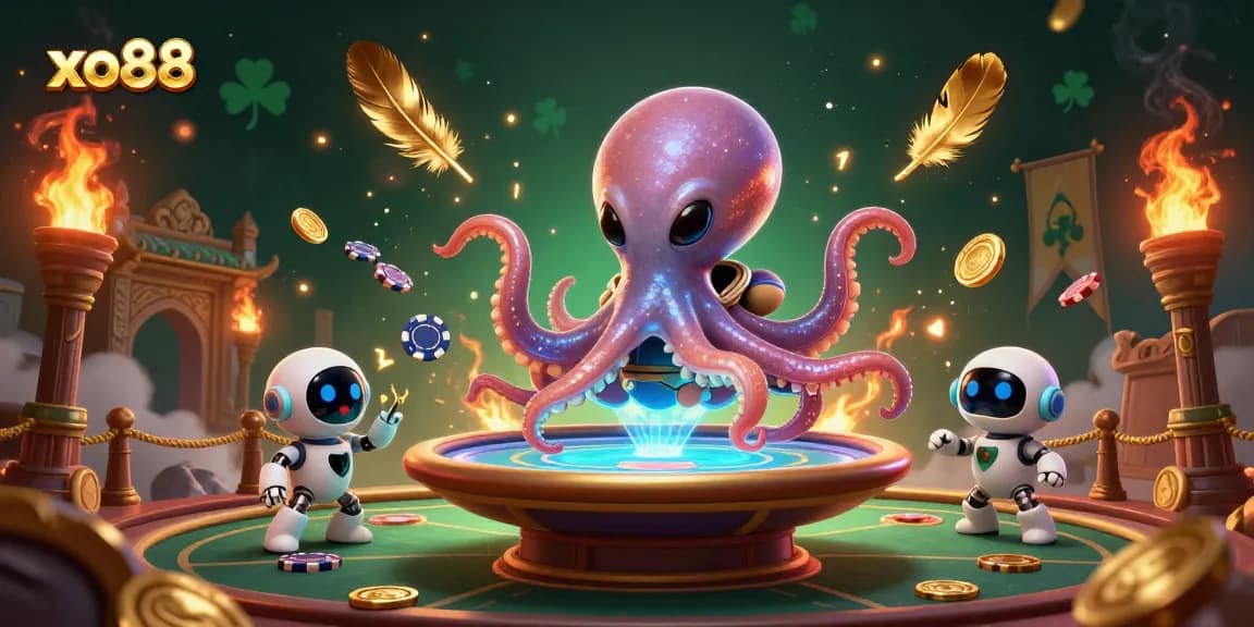Engage in thrilling poker action with xo88, where an alien octopus deals at a holographic table.