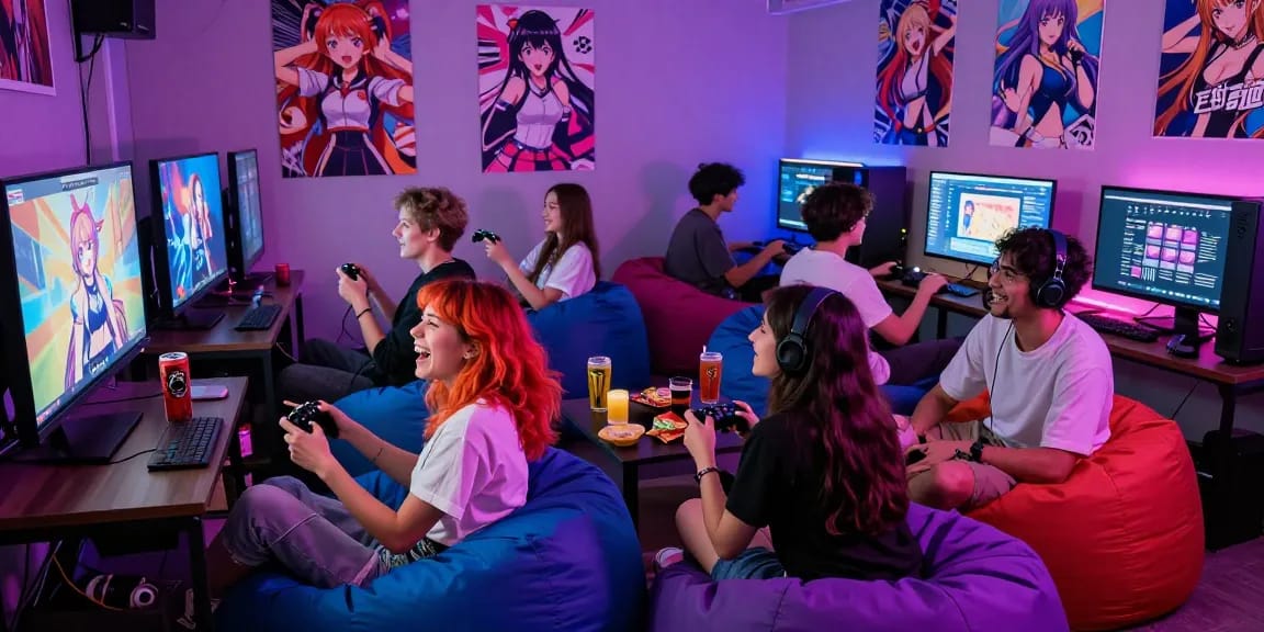 Group of friends enjoying ecchi games online in a vibrant gaming lounge.
