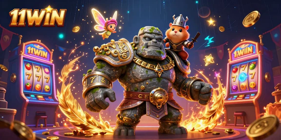 Win big with immersive 11WIN casino experience featuring golem guardian and vibrant slots.