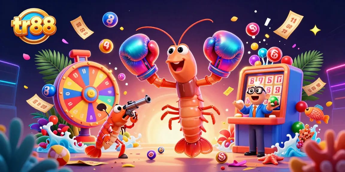 tr88 showcases a vibrant 3D mantis shrimp and friends bursting with colorful lottery elements.