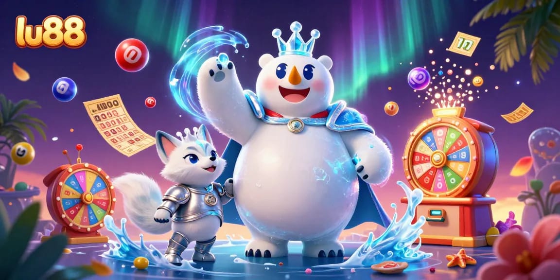 Win big with lu88 in a vibrant 3D casino illustration featuring lottery games and prizes.