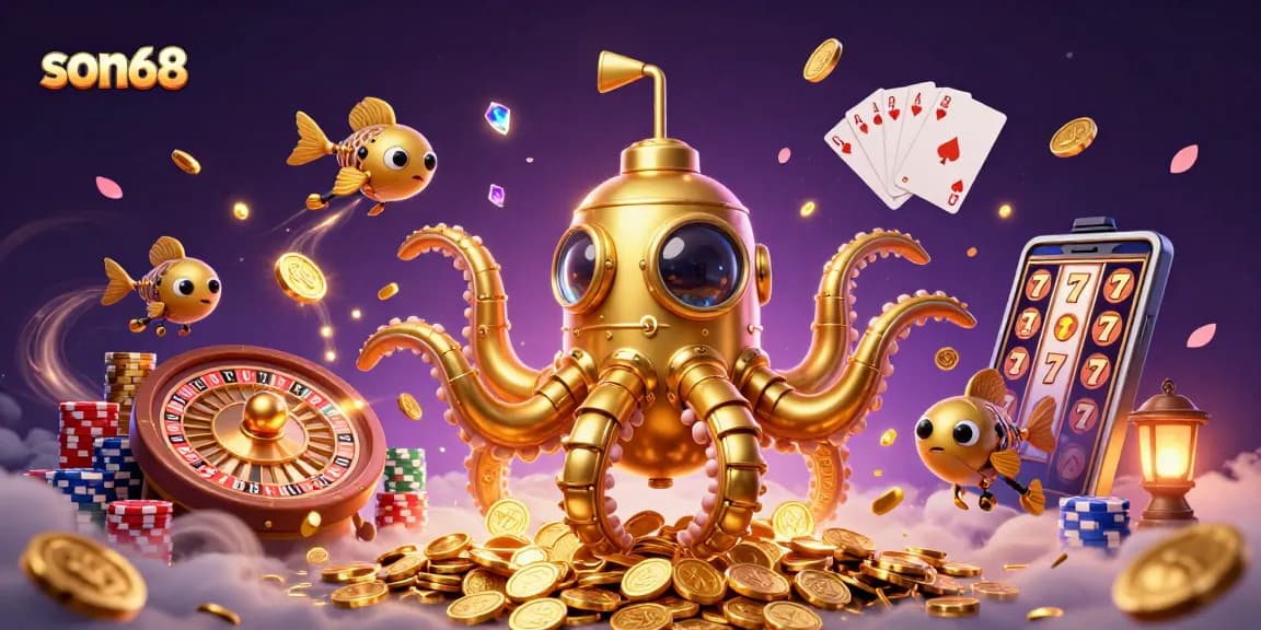 Win big with son68 in a thrilling casino scene filled with golden coins and vibrant game elements.