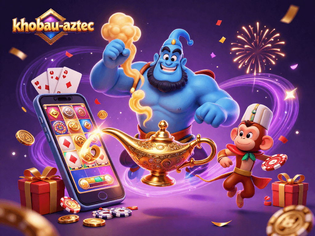 Engage with khobau-aztec's thrilling experience in an illustrated casino scene featuring dynamic characters and vibrant game elements.