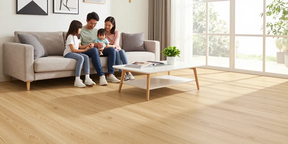 Family enjoying smart flooring ideas for renovations in a cozy living room with engineered wood floor.