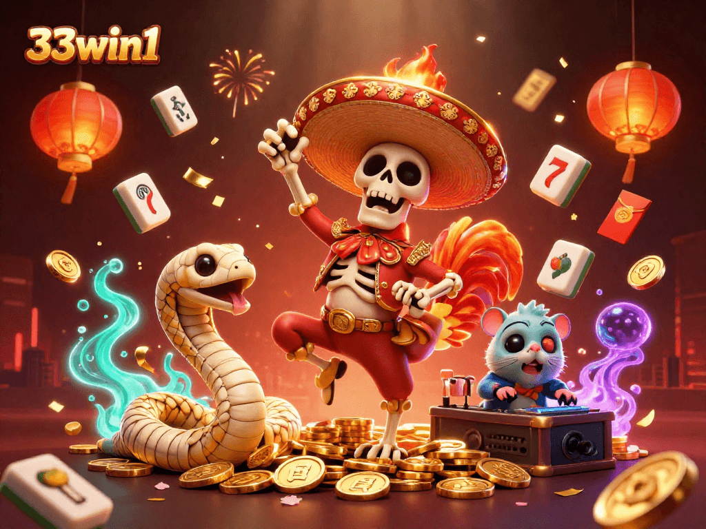 33win1 casino theme with cartoon characters dancing, golden coins, and vibrant decorations