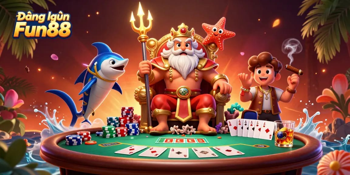 Experience the thrill of Đăng nhập Fun88 with a vibrant casino scene featuring Neptune and poker elements.