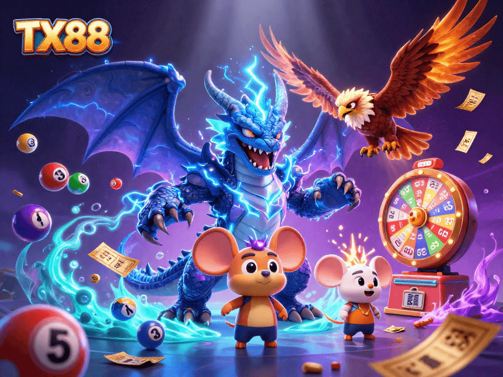 Experience the thrill of winning with TX88's vibrant casino illustration featuring dynamic characters and game elements.