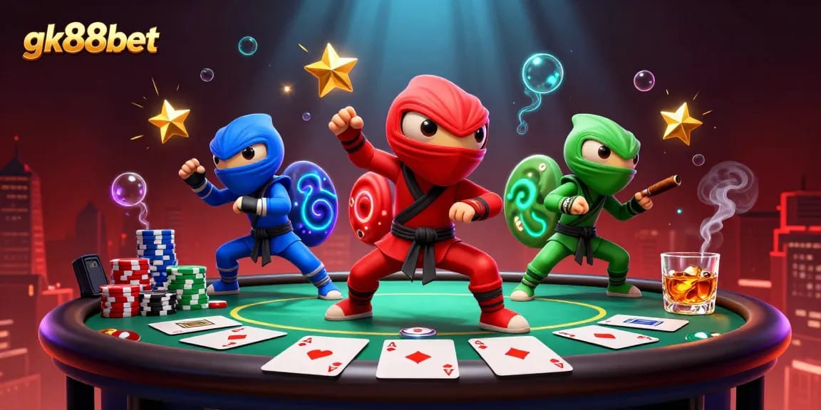 Experience the thrill of gk88bet with ninja chameleons at a poker battle on a rooftop.