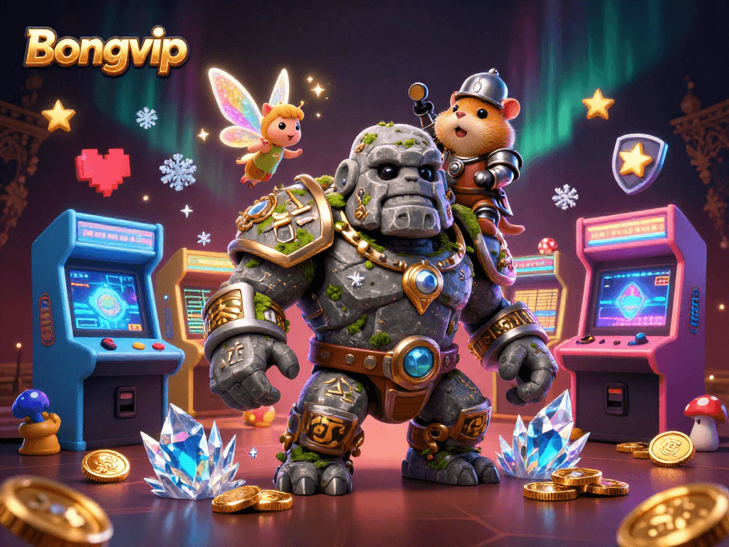Bongvip features a magical golem, knight, and fairy amidst dynamic casino game elements.