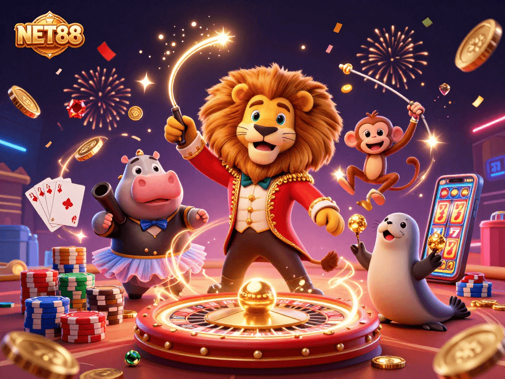Experience thrilling games with NET88 featuring circus characters in a vibrant casino scene.