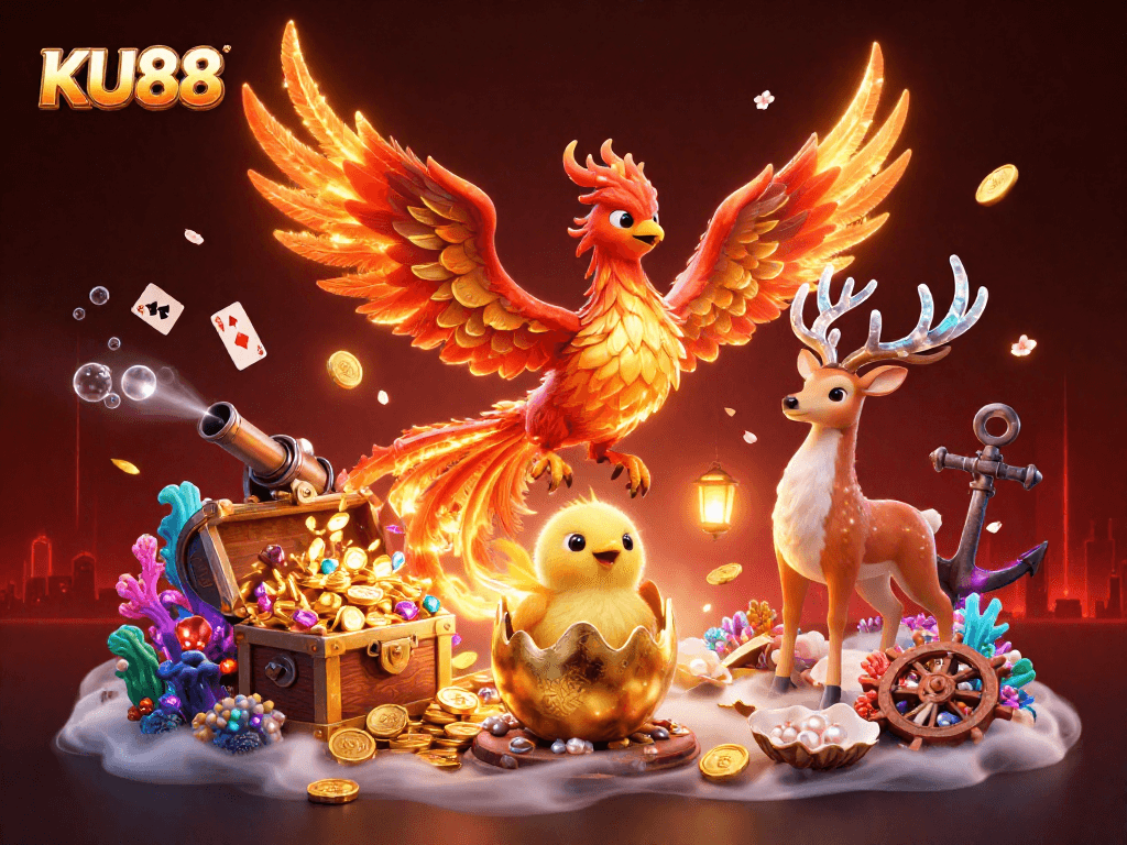 Engage in thrilling gameplay at KU88 featuring dynamic casino elements with a phoenix and treasure.