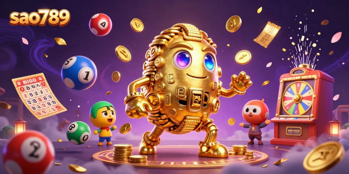 Engage with exciting games at sao789, featuring a dynamic illustration of a gold coin golem amidst lottery elements.