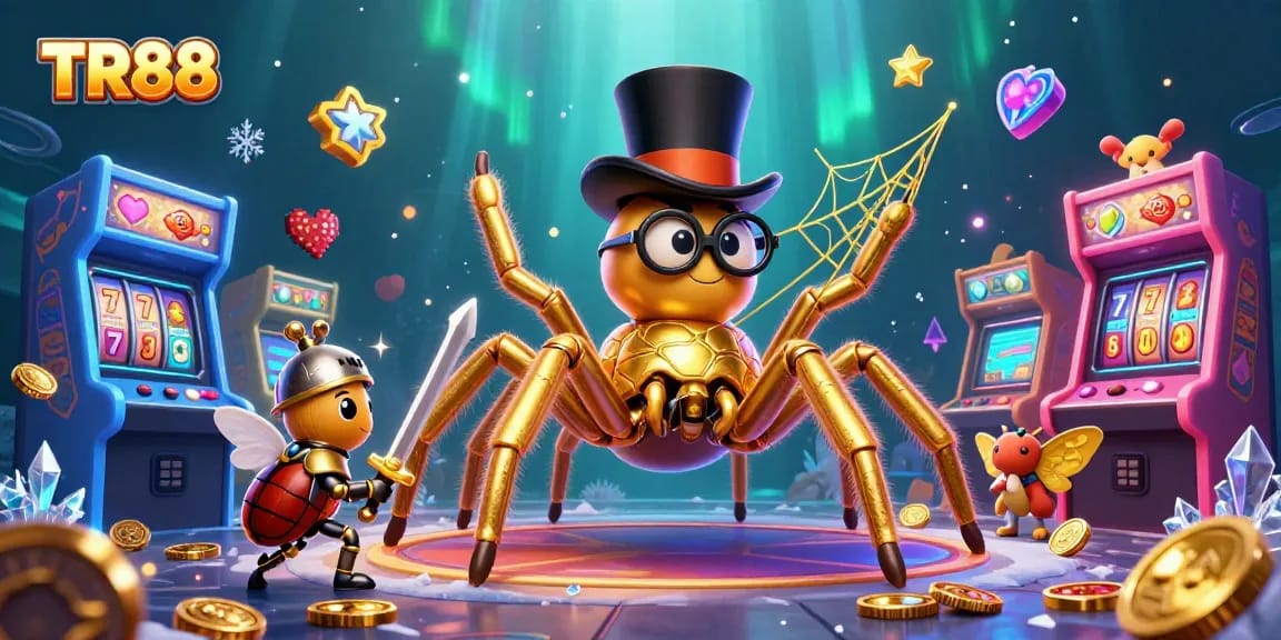 Engage with TR88's vibrant casino gaming scene featuring a giant golden tarantula and beetle knight.