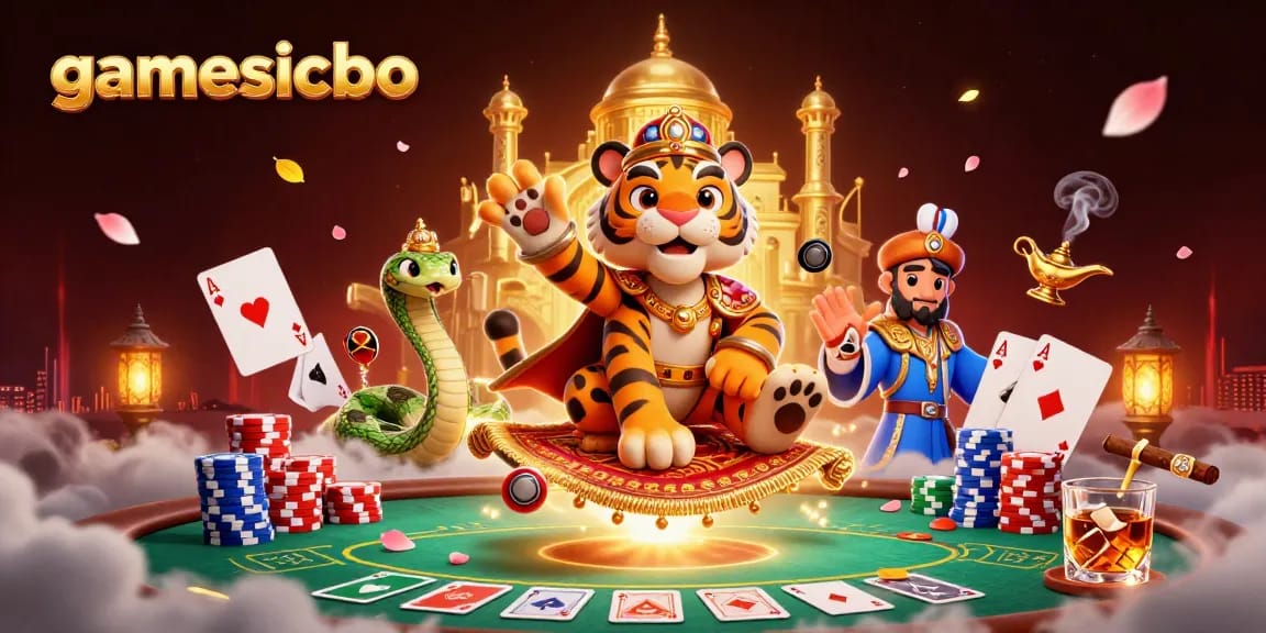 Engage with gamesicbo in a vibrant casino-themed scene featuring a magical sultan and poker chips.