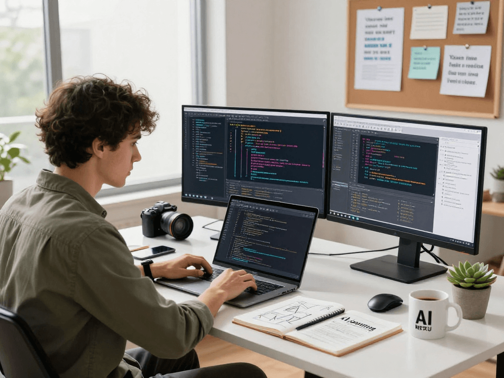 NSFW AI developer focusing on machine learning models in a vibrant workspace