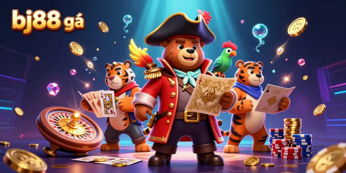 Engage in bj88 đá gà with dynamic casino action showing vibrant characters, coins, and games.