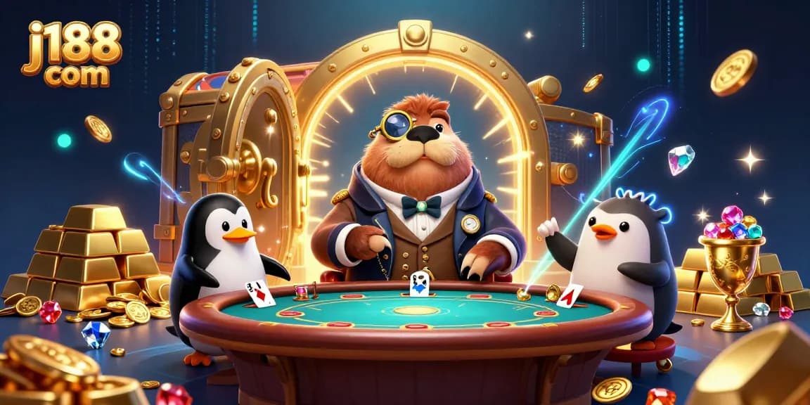 Experience the thrill of j188 com as a walrus plays poker underwater in a vibrant casino setting.