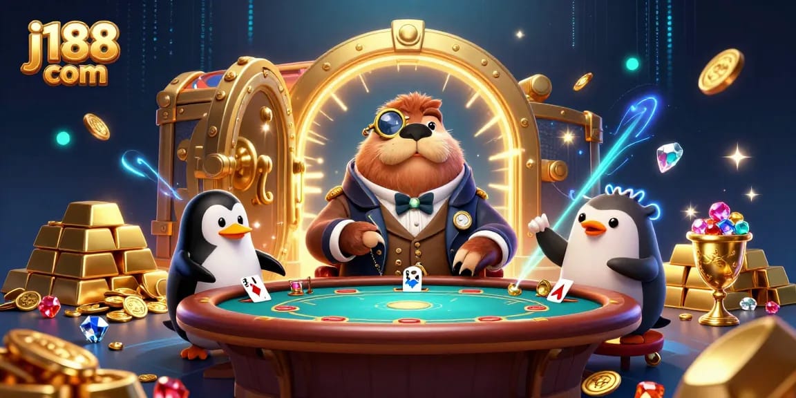Experience the thrill of j188 com as a walrus plays poker underwater in a vibrant casino setting.