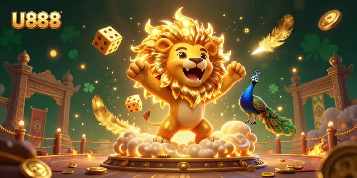 Experience thrilling betting at U888 with a roaring cartoon sun lion and dynamic casino elements.