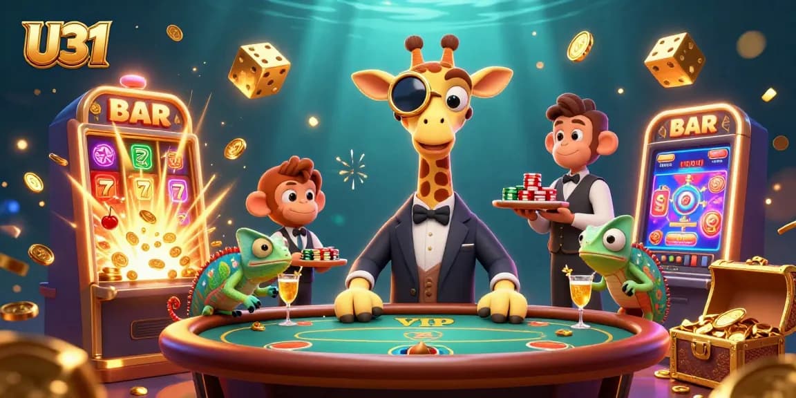 Win big at U31 with colorful casino characters amid vibrant slots and cocktails.