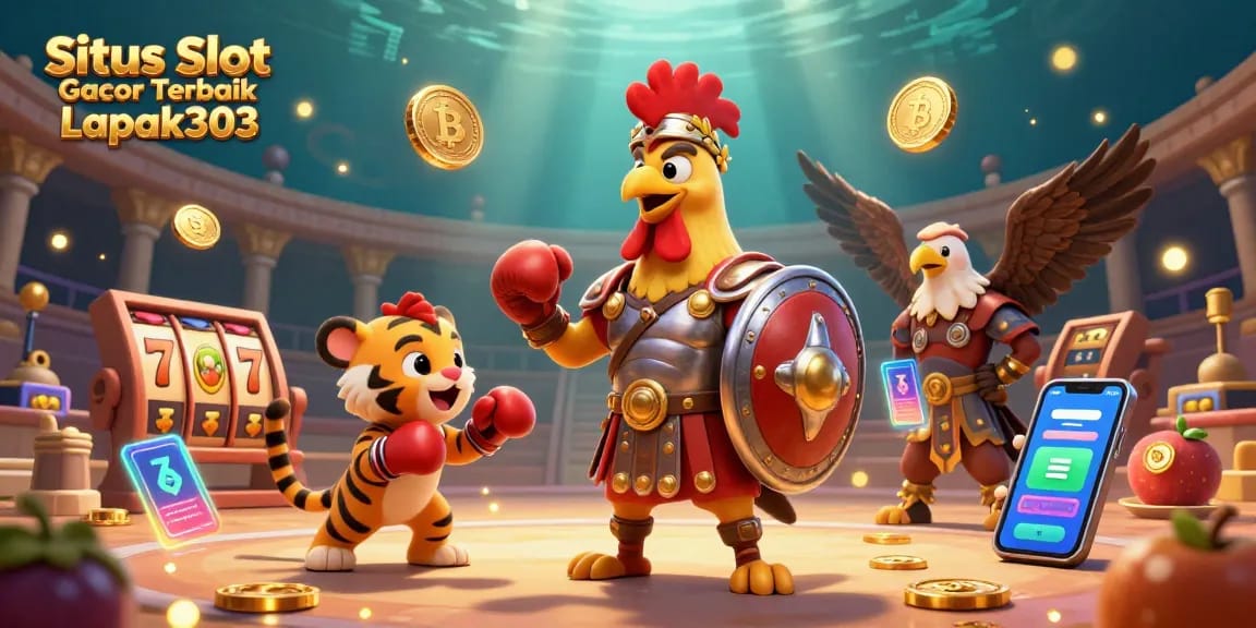 Situs Slot Gacor Terbaik Lapak303 featuring a rooster gladiator in a casino scene with slot reels and cash symbols