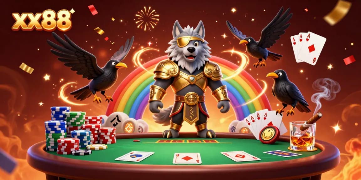 Engage with xx88's thrilling atmosphere featuring Odin and ravens amid a vibrant casino setting.