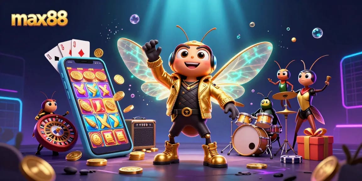 Experience max88's vibrant casino world with buzzing cicada rock stars and dynamic gameplay elements.
