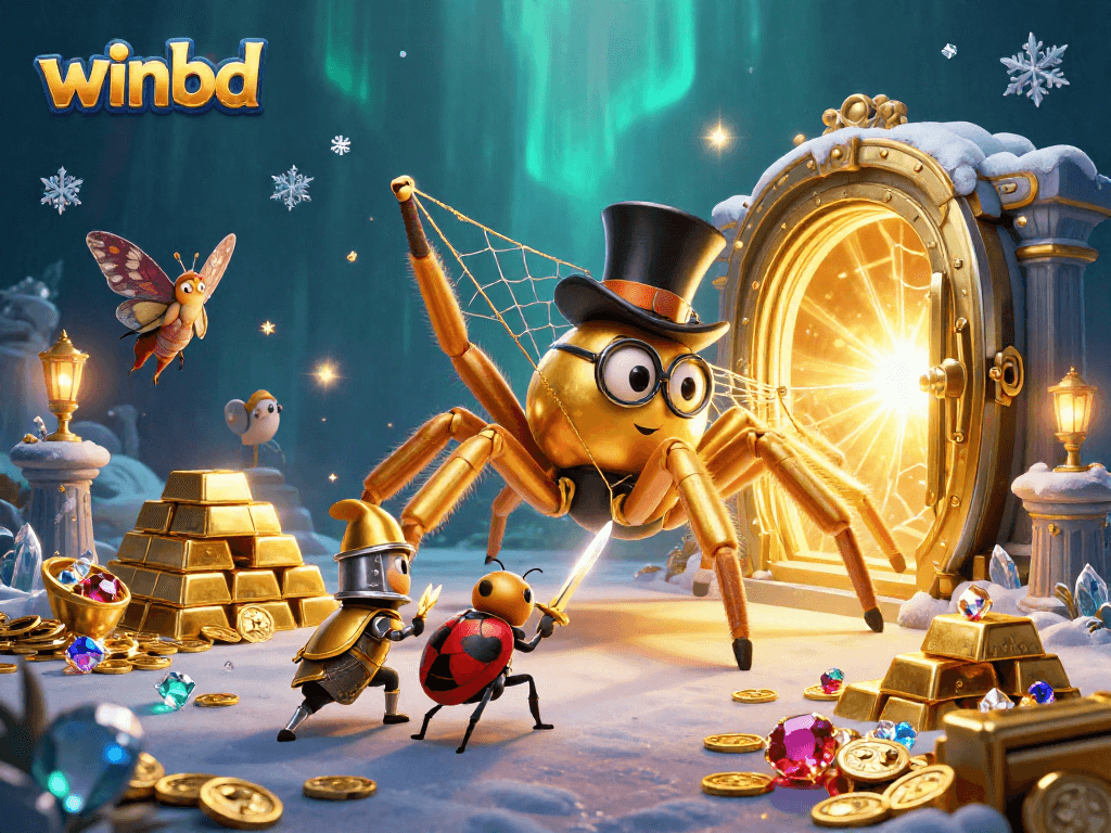Winbd players engaging with unique 3D cartoon characters in a vibrant casino scene filled with golden treasures.