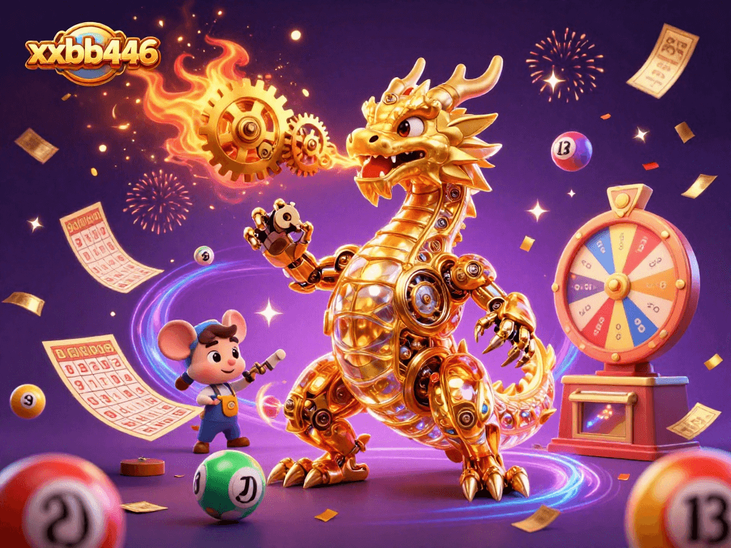 Experience the thrill of xxbb446 with vibrant lottery elements and a unique golden dragon character.