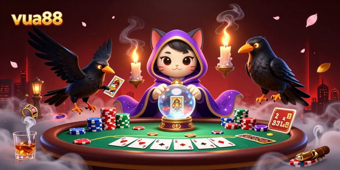 Engage with vua88's exciting gaming scene featuring a mystic cat, raven, and colorful poker setup.