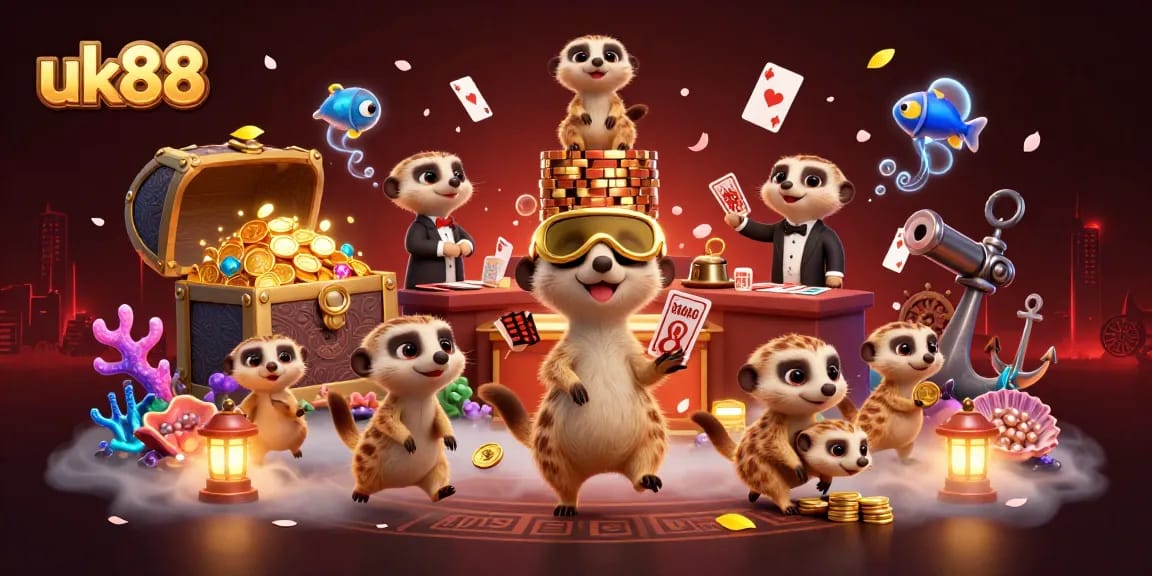 Experience the excitement of uk88 with meerkats managing a lively casino, filled with action and vibrant decor.