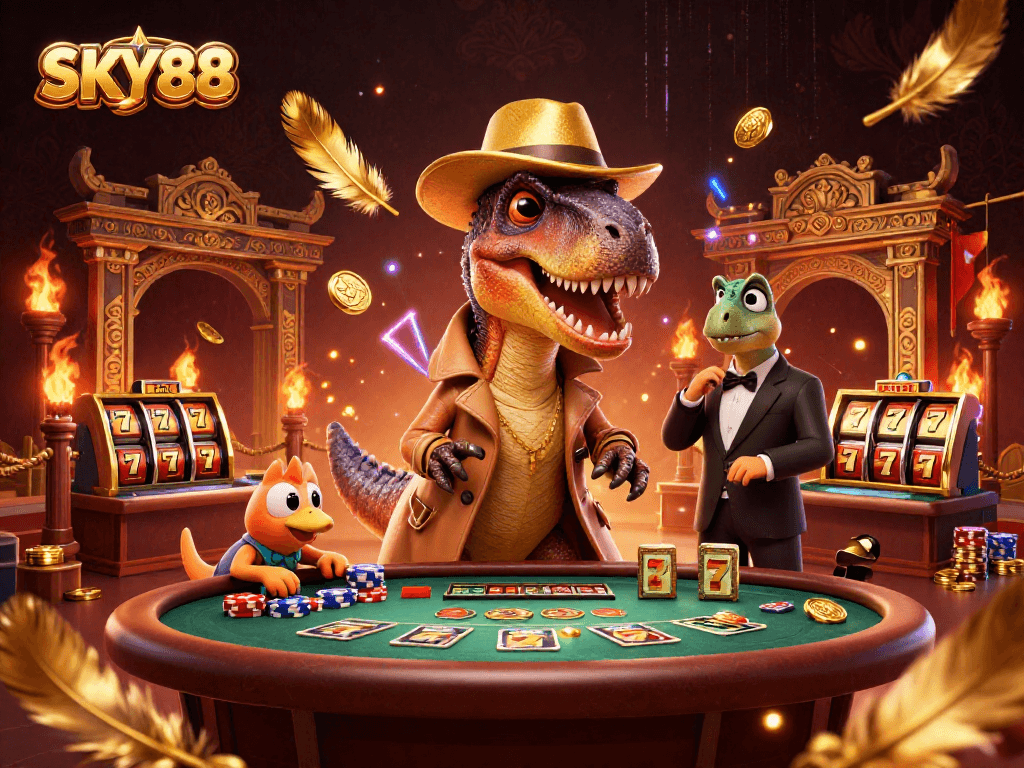 SKY88 casino scene features a velociraptor card counter, stegosaurus pit boss, and compy pickpocket.