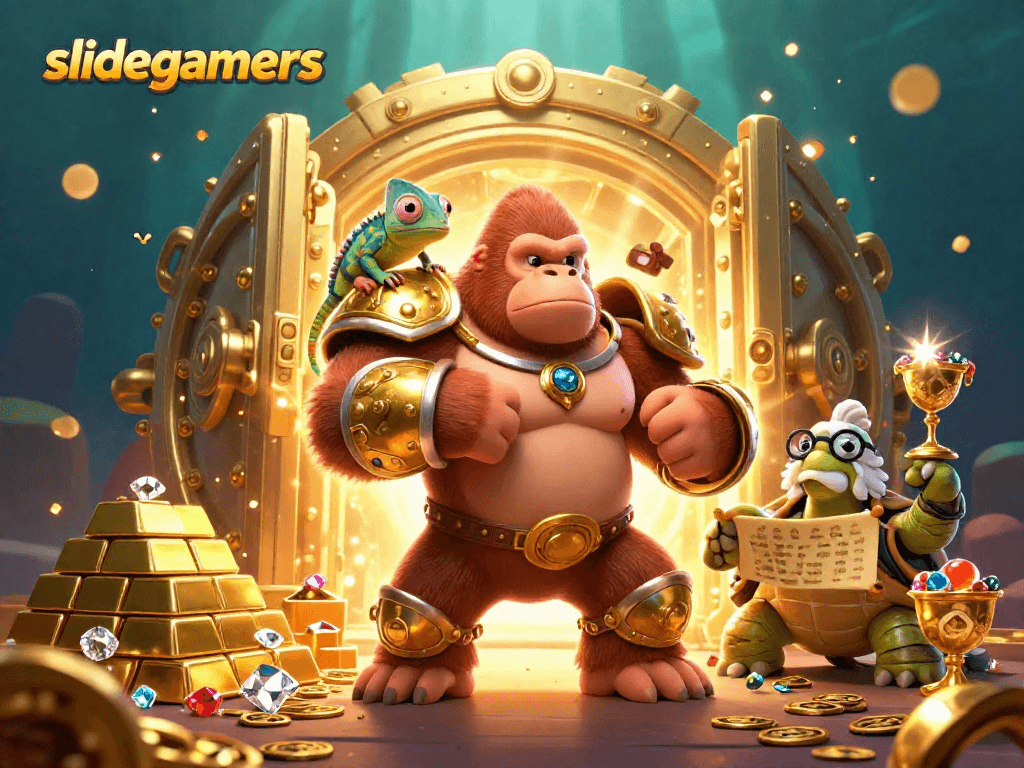 Engage with slidegamers as a gorilla king, chameleon spy, and tortoise elder explore treasure-filled slot gameplay.