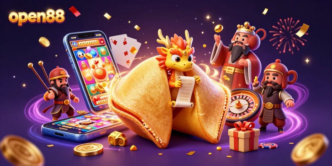 Engage with open88's vibrant gaming universe through a lively 3D illustration showcasing exciting gambling elements.