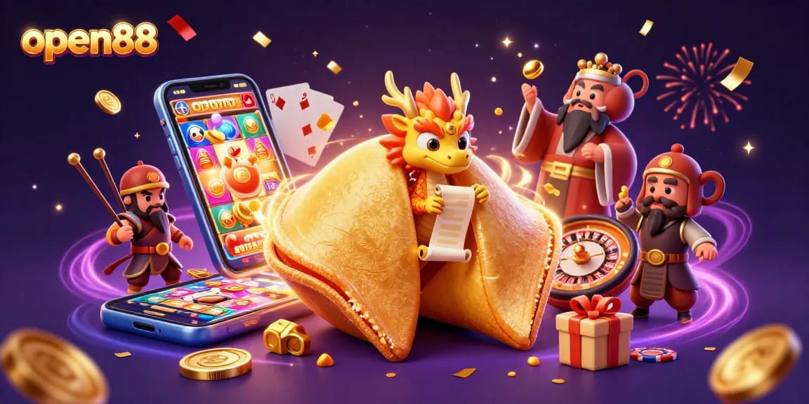 Engage with open88's vibrant gaming universe through a lively 3D illustration showcasing exciting gambling elements.
