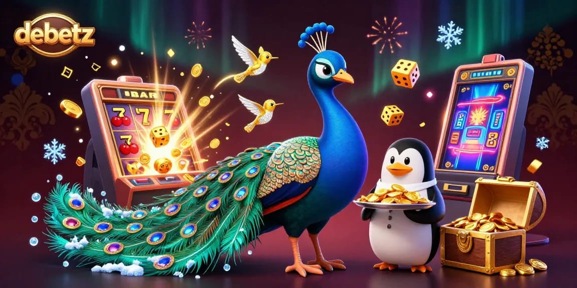 Experience the exciting world of debetz with a vibrant 3D casino scene featuring colorful slot machines, characters, and gold coins.