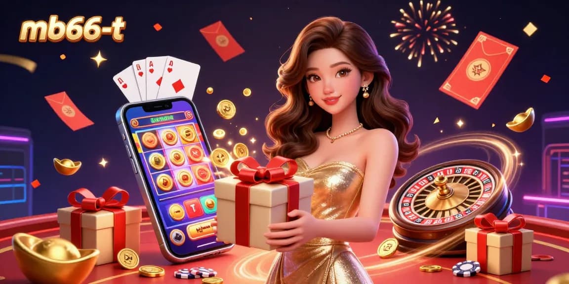 Experience the magic of mb66-t with a stunning festive casino-themed illustration featuring a glamorous model.