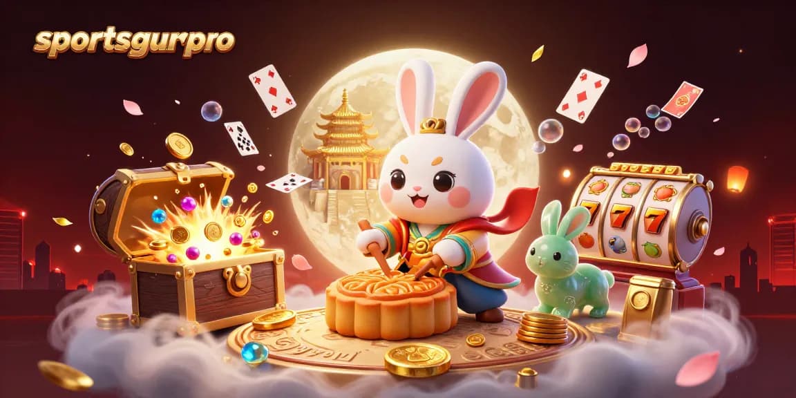 Join the fun at sportsgurupro with a cartoon rabbit revealing poker chips, surrounded by vibrant casino elements.