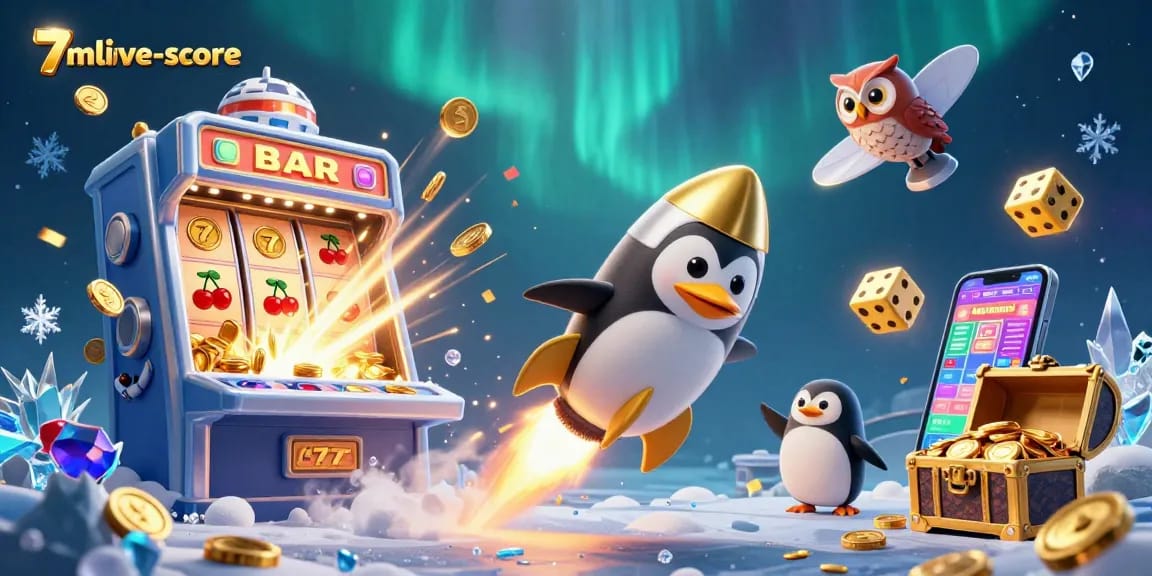 Experience winning moments with 7mlive-score as a cartoon penguin blasts towards a vibrant casino space station.