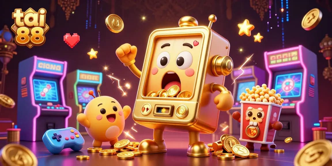 Exciting gameplay on tai go 88 with a golden slot machine celebrating its jackpot, surrounded by arcade elements.