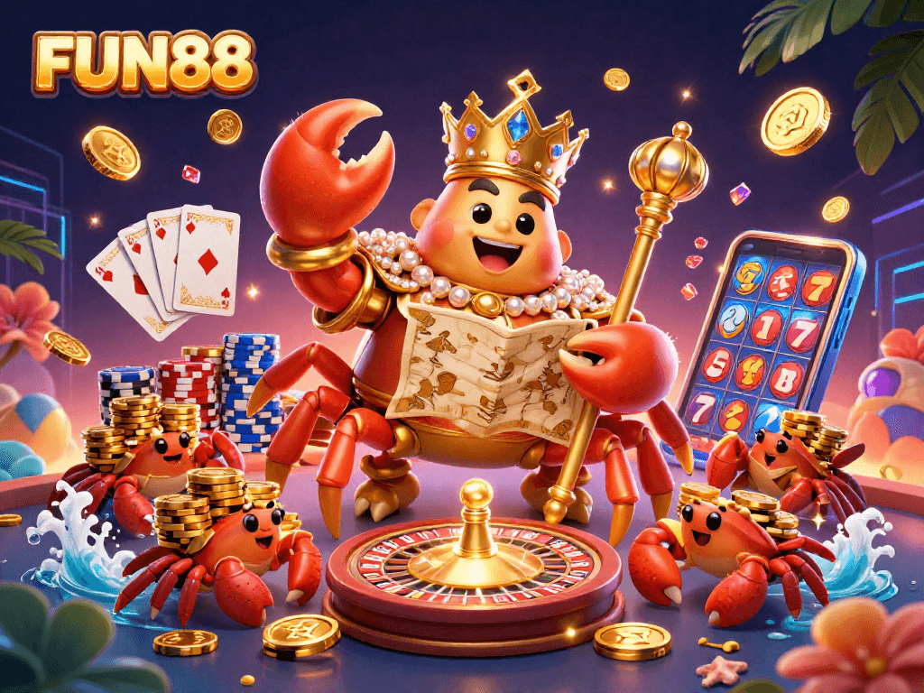 Engage in FUN88's thrilling gaming world featuring a golden crab emperor and spectacular casino elements.