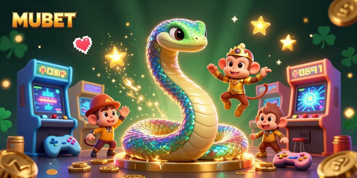 MUBET casino-themed illustration featuring a vibrant rainbow serpent, monkey king, and dynamic game elements.