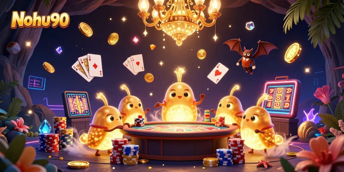Nohu90 showcases dynamic casino action with glowworms illuminating a vibrant gaming scene.